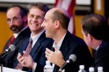 A panel at the Nov. 20 Kellogg Risk Summit included, from left, Steve Lindo, executive director, PRMIA, a co-sponsor of the event; Mitchell Petersen, the Glen Vasel Professor of Finance; Sergio Rebelo, the Tokai Bank Professor of International Finance; and William Quinn ‘91, managing director, Goldman Sachs.  