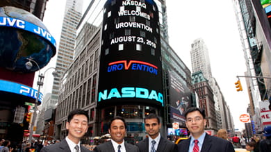 Members of Northwestern’s UroVention team at NASDAQ headquarters. From left: Philip Herman, Omar Alam, Vishal Arya and Jason Chu. (Not pictured: Nas Alidu, Raj Kurpad, John Nazarian, Evelyn Auyeung and TJ Kim.)