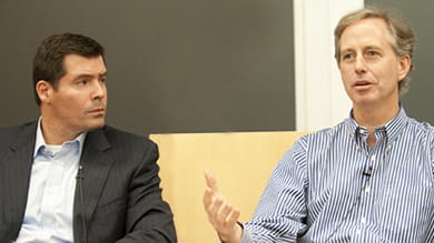Hayneedle Inc. Chairman Carter Cast ’92 (left) and New World Ventures partner Matt McCall ’91 spoke to Kellogg students on May 3.