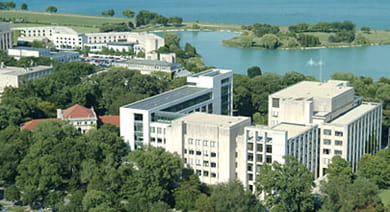 Aerial view of the Kellogg School's Evanston campus