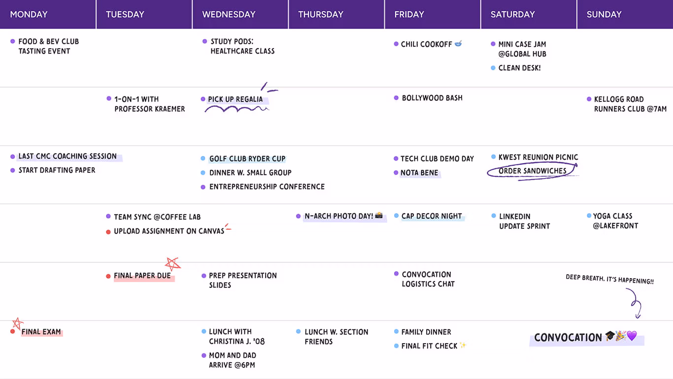A calendar graphic depicting spring quarter events and traditions at Kellogg