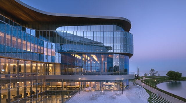 Exterior view of the glass Global Hub building