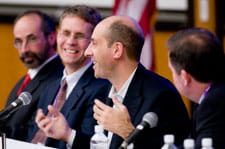 A panel at the Nov. 20 Kellogg Risk Summit included, from left, Steve Lindo, executive director, PRMIA, a co-sponsor of the event; Mitchell Petersen, the Glen Vasel Professor of Finance; Sergio Rebelo, the Tokai Bank Professor of International Finance; and William Quinn ‘91, managing director, Goldman Sachs.