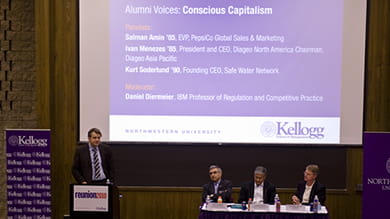 The Conscious Capitalism discussion at Reunion 2010 was moderated by Kellogg Professor Daniel Diermeier (far left). The panel featured (from left) alumni Salman Amin ’85, Ivan Menezes ’85 and Kurt Soderlund ’90.