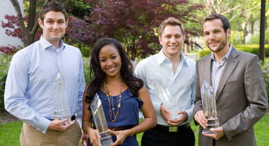 Four Pillar Award winners, from left: Frank Sasso, Ada Osakwe, Adam Louras and Josh Engel, all members of the Class of 2011. Not pictured: Franco Famularo ’11.