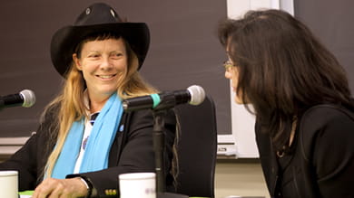 “Green is the color of money,” Hunter Lovins (left) said during a Green Week dialogue with Kellogg Dean Sally Blount.  