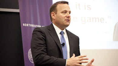 “We gain a competitive advantage from the intimacy the owner/operator has with the customer,” Joe DePinto ’99, president and CEO of 7-Eleven, told Kellogg students May 25. 