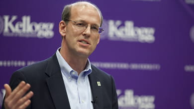 “I believe people in every organization want purpose … and that people want to connect with something more than a paycheck,” Habitat for Humanity CEO Jonathan Reckford told Kellogg students April 28. 