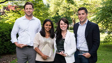 From left to right, Kellogg Leadership Award winners Collin West ’12, Saloni Doshi ’12, Shannon Holly ’12 and Ben Hernandez ’13
