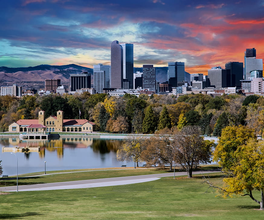 Denver cityscape with mountains in the distance
