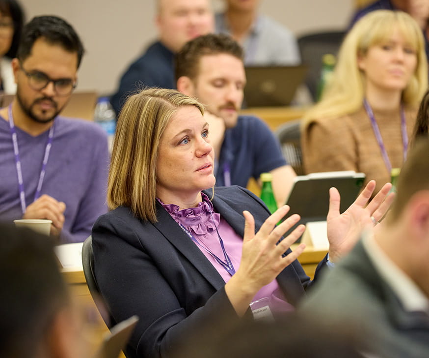 Kellogg Executive MBA students seated in rows at the downtown Chicago campus