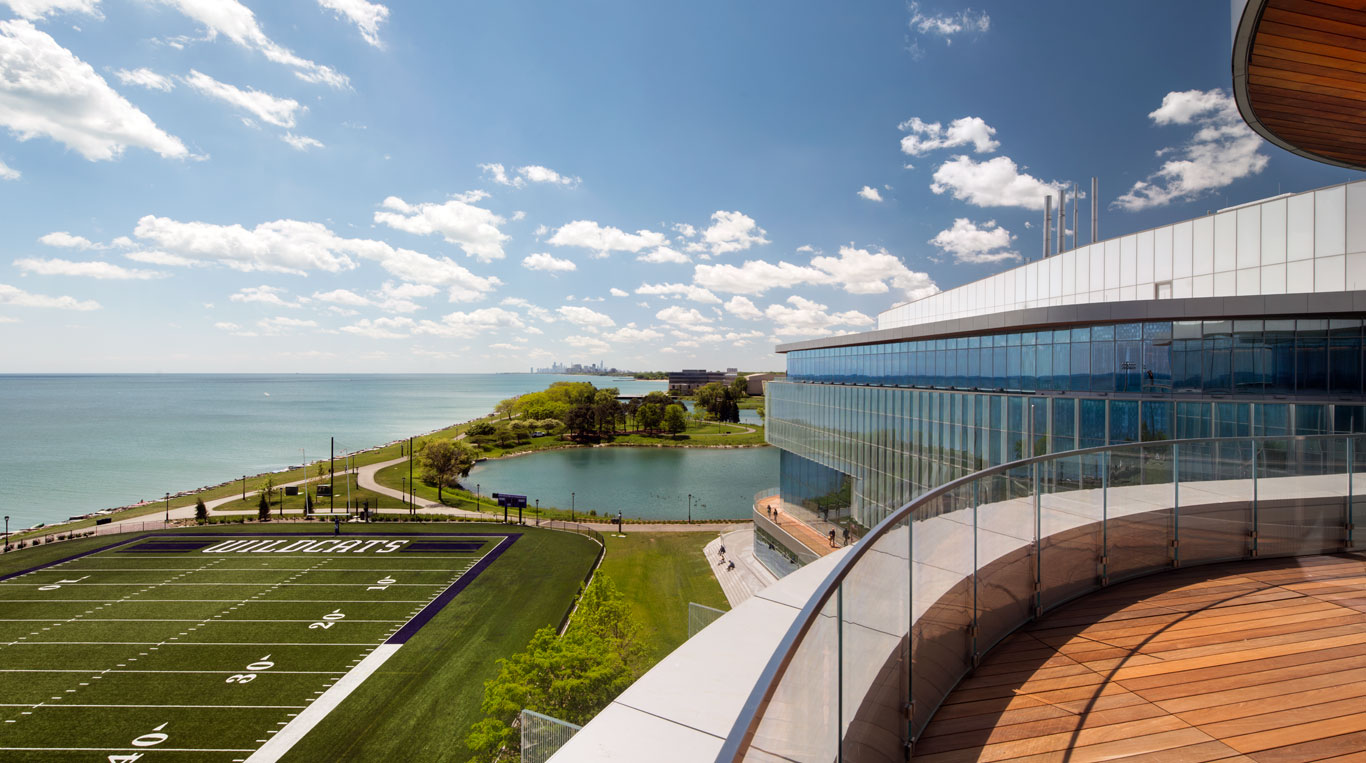Sunny, southeastern view of Lake Michigan and the Northwestern campus, as seen from a Kellogg Global Hub upper balcony