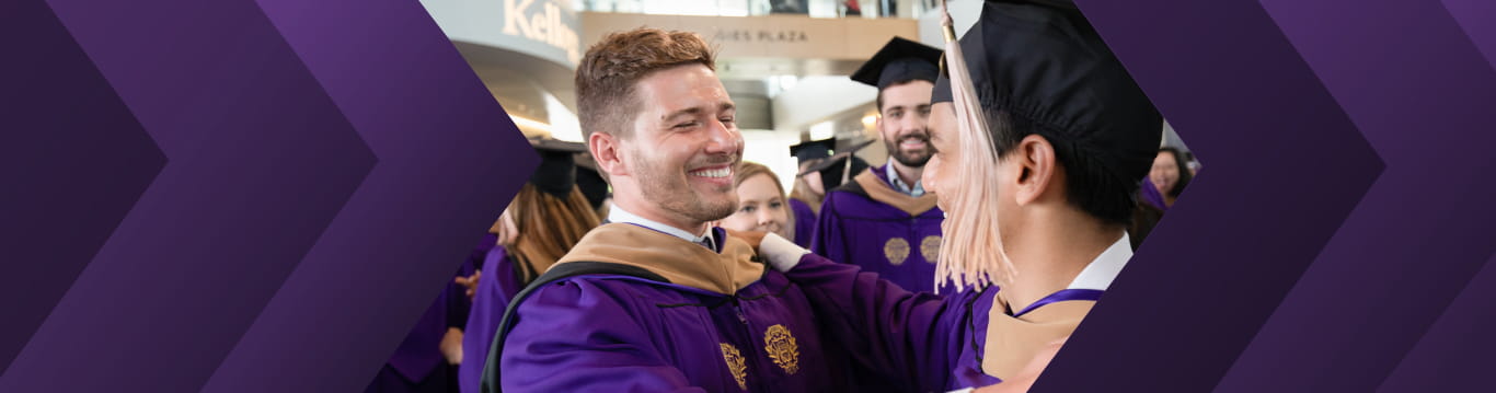 Graduating students of the Kellogg School of Management gathered wearing purple caps and gowns in the Kellogg Global Hub