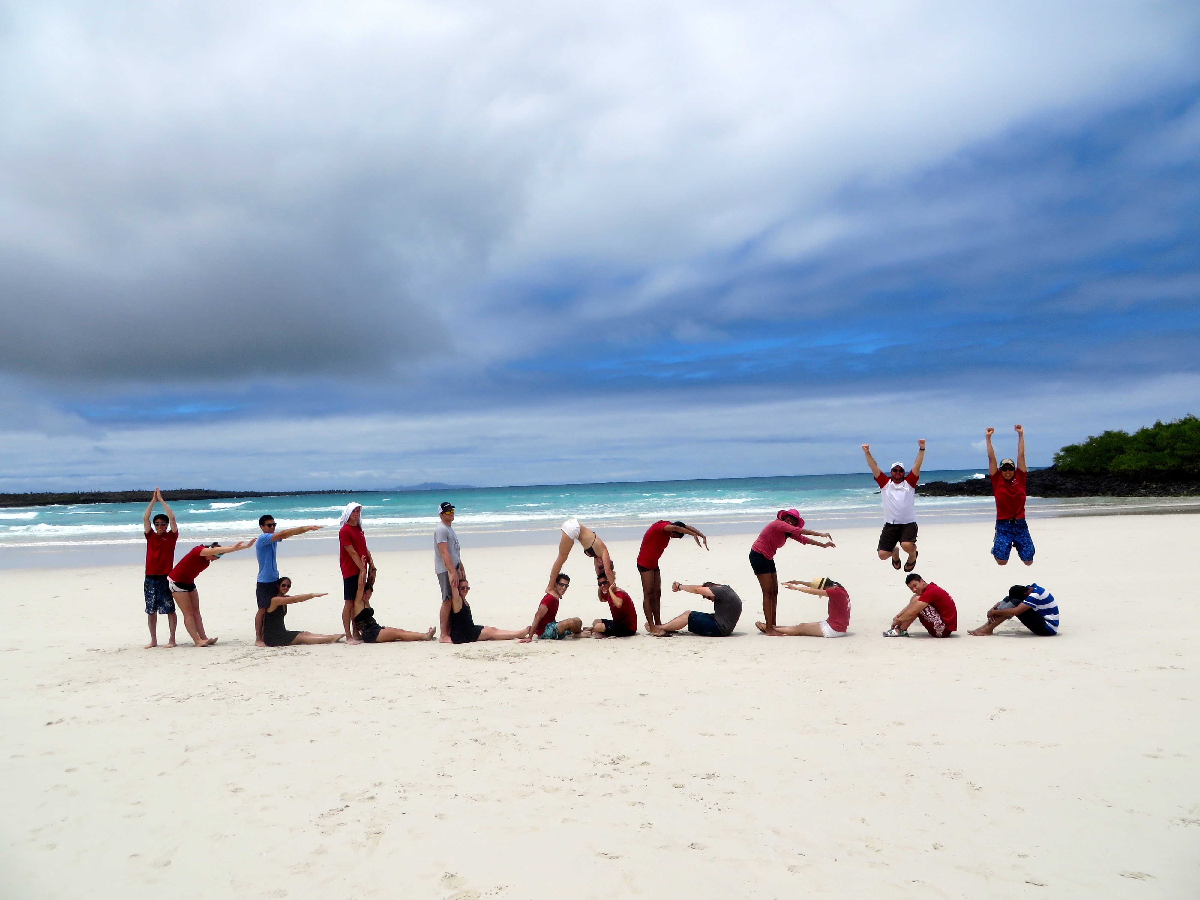 Students spell "Kellogg" with their bodies on a sandy beach.