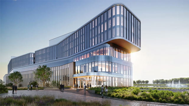 Exterior view of the glass Global Hub building