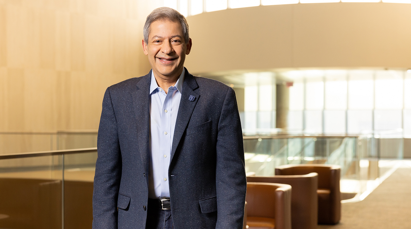 Kellogg professor Noshir Contractor, pictured in the Global Hub on the Evanston campus