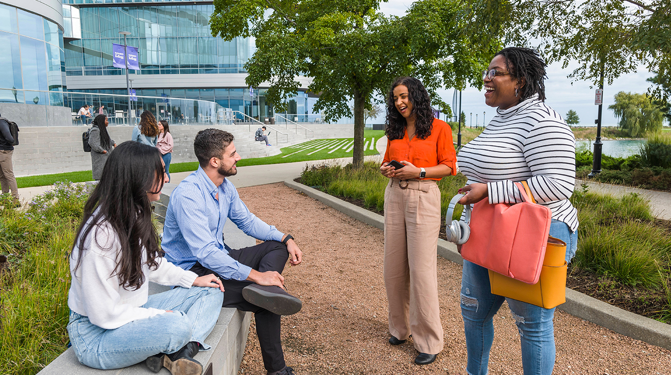 Kellogg students gathered outside at the Global Hub
