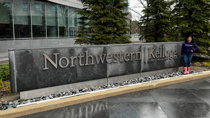 Anais Engel in front of the Global Hub in Evanston