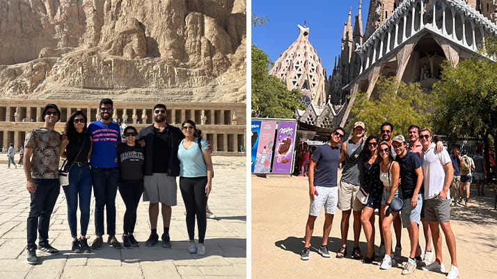 Group photos of Amrita Roy ’23 traveling with Kellogg classmates in Egypt and Spain