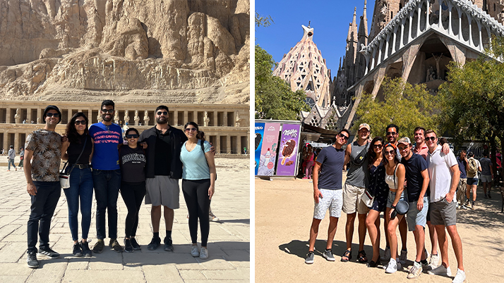 Group photos of Amrita Roy ’23 traveling with Kellogg classmates in Egypt and Spain