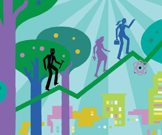 Illustration of businesspeople climbing an upward chart surrounding by trees and green buildings