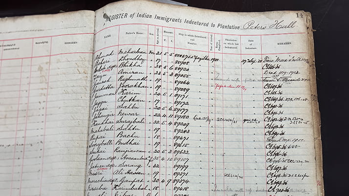 Ledgers from the Caribbean showing names of Indian immigrants who worked on plantations