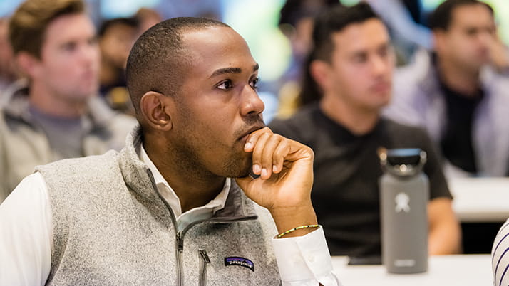 MBA students at Kellogg listen attentively to Steve Hafner, a guest speaker, to learn about his leadership journey.