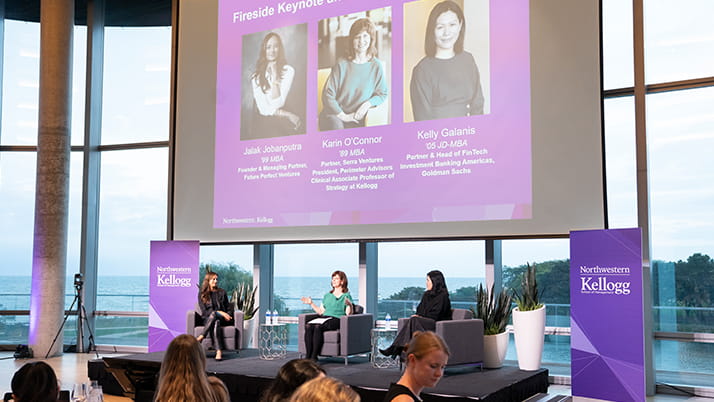 Speakers during the 2023 Women in Finance Dinner included Jalak Jobanputra '99 MBA and Kelly Galanis '05 JD, MBA and Karin O'Connor '89 MBA