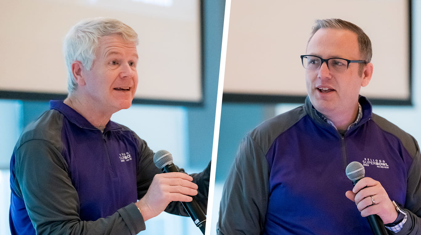 Renowned marketing professors Tim Calkins and Derek Rucker lead this discussion with students during the Kellogg School Super Bowl Advertising Review