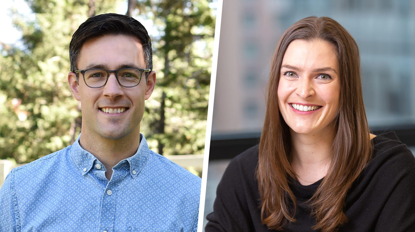 Side by side photographs of Kellogg alumni and Oak Street Health executives Jordan Allen and Patton Callaway