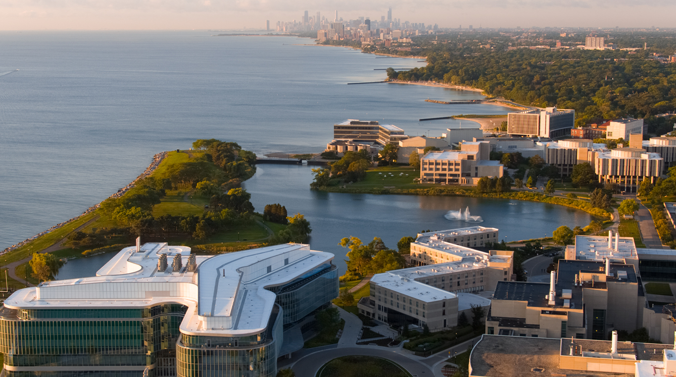 Aerial view of Kellogg and the Northwestern University campus in Evanston.