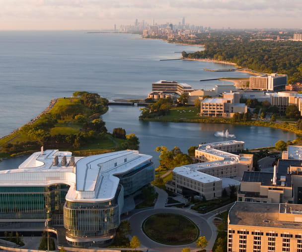 Aerial view of Kellogg and the Northwestern University campus in Evanston.