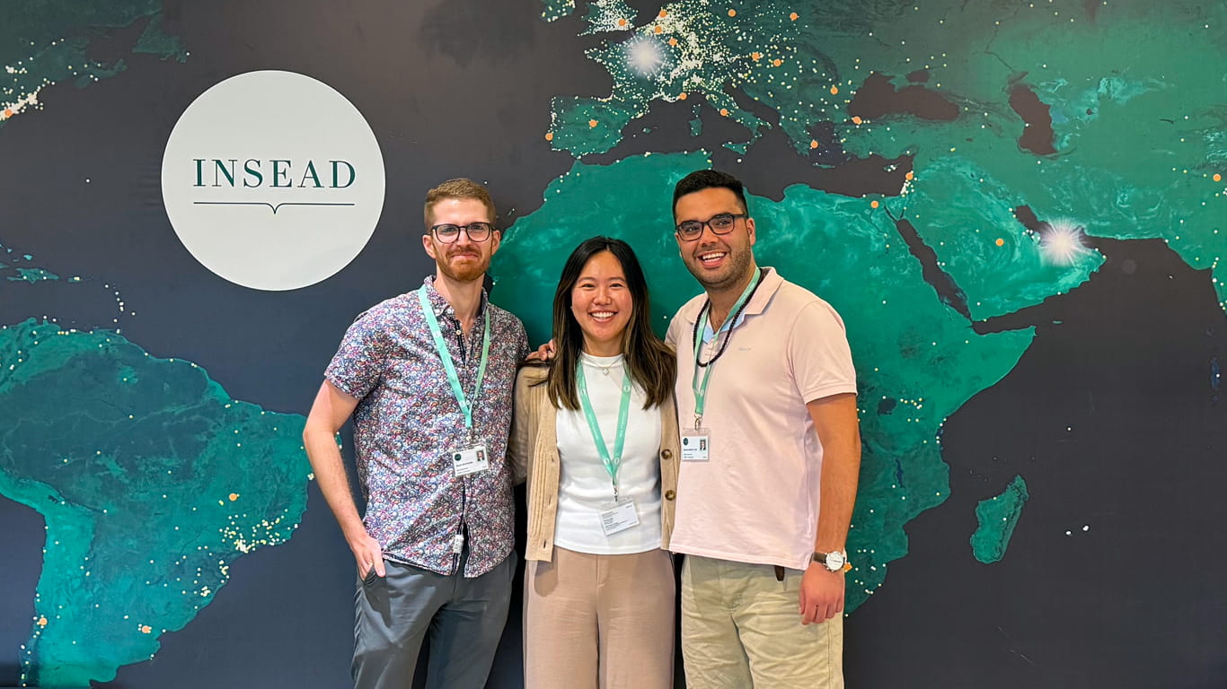 Kellogg MBA student Kalyn Chang with two other classmates during their last day of classes at INSEAD and shares reasons why she chose to study abroad.