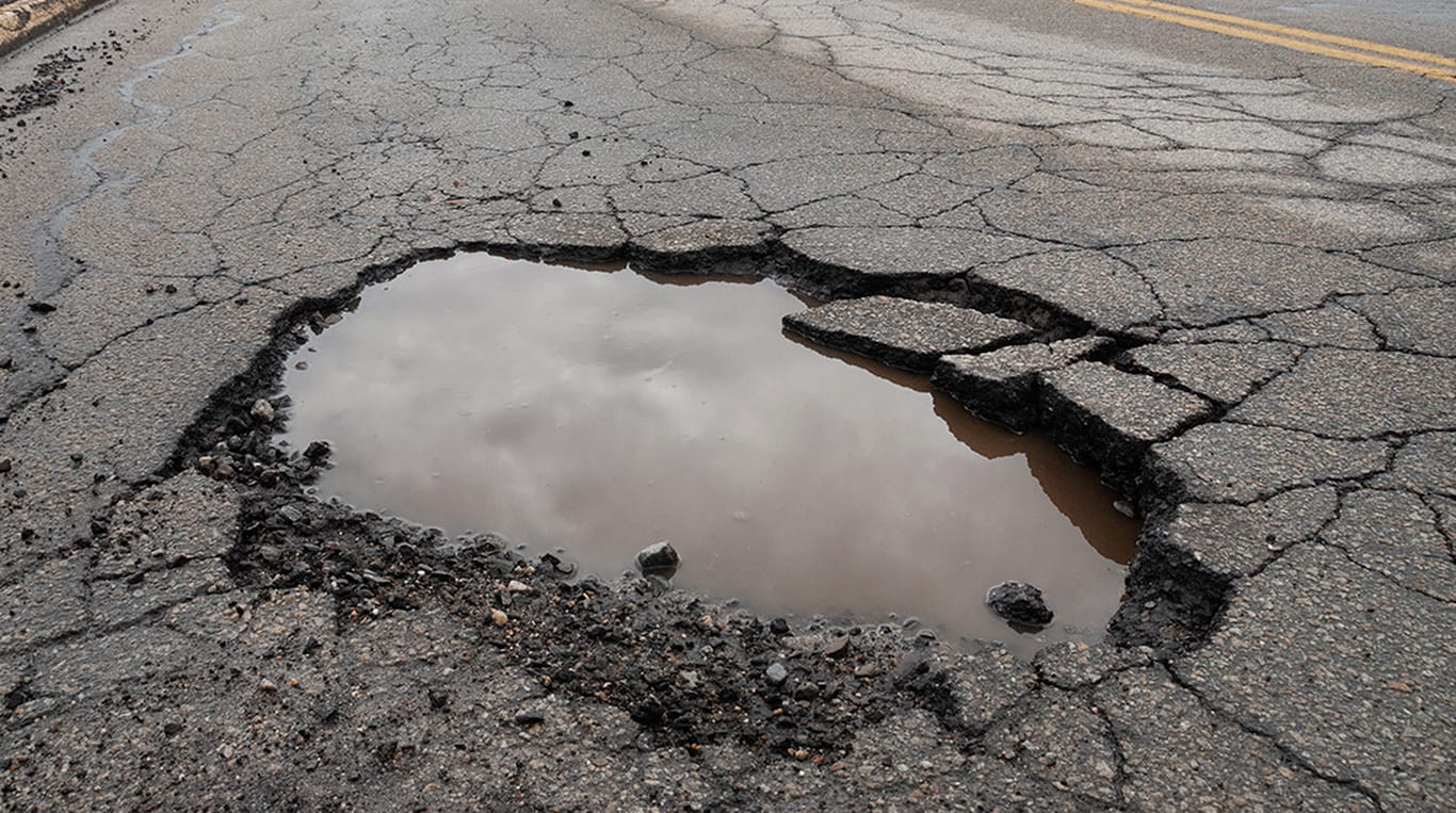 Close-up view of a pothole on a city street, filled with water