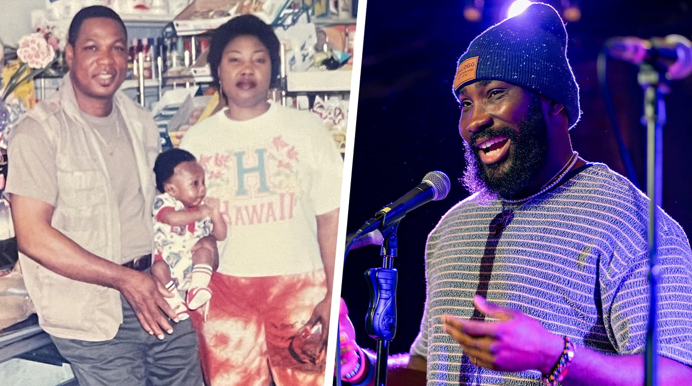 On the left is a young Osamase Torbest Ekhator with his family and on the right a photo of him performing spoken word at Kellogg.