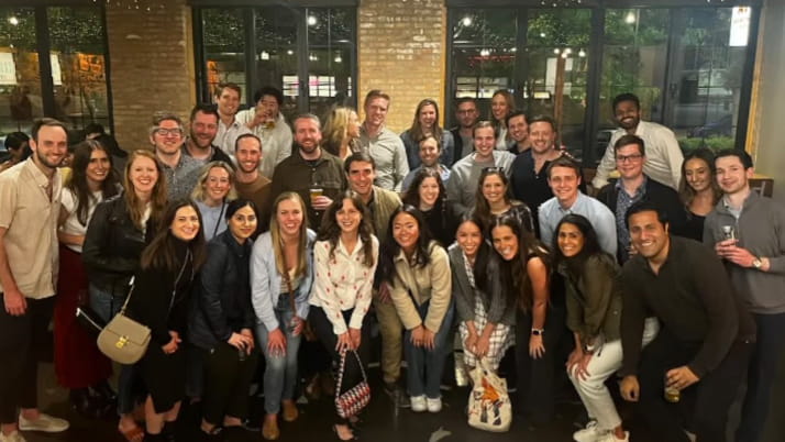 More than two dozen classmates and JVs from the Class of 2019 gather for a group photo during Reunion Weekend 2024.