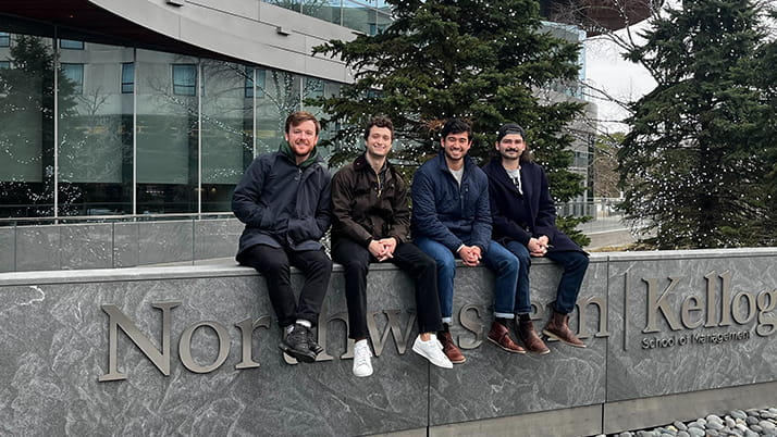 A group of Two-Year MBAs who participated in the Kellogg-Morgan Stanley Sustainable Investing Challenge in front of the Global Hub