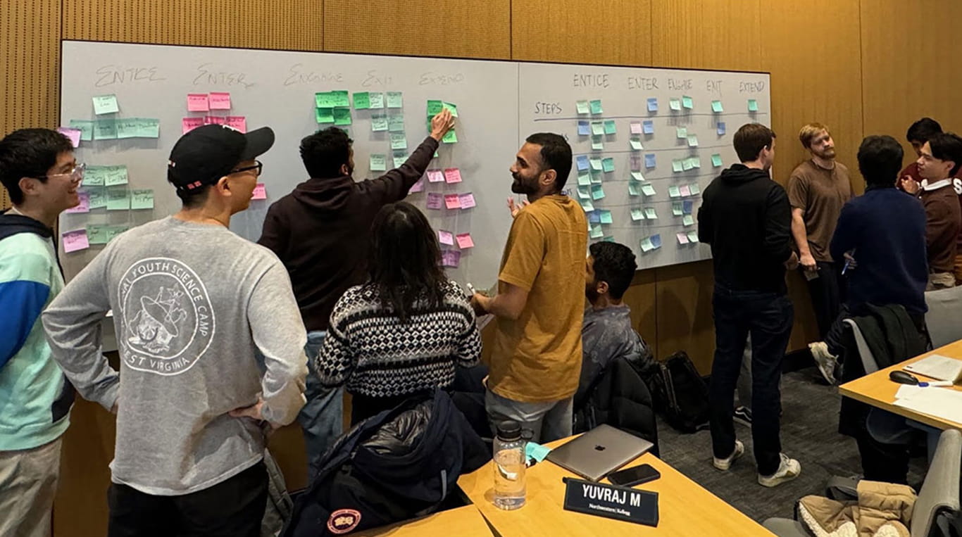 A group of MBAi students collaborate on a project in a classroom. They stand in groups, talking animatedly and gesturing to sticky notes on a whiteboard.