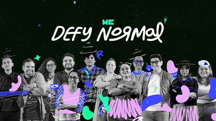 Photo of alumnus Andres Ramiro Paredes and his team at NeuroXplorers, overlaid with colorful illustrations in neon colors.