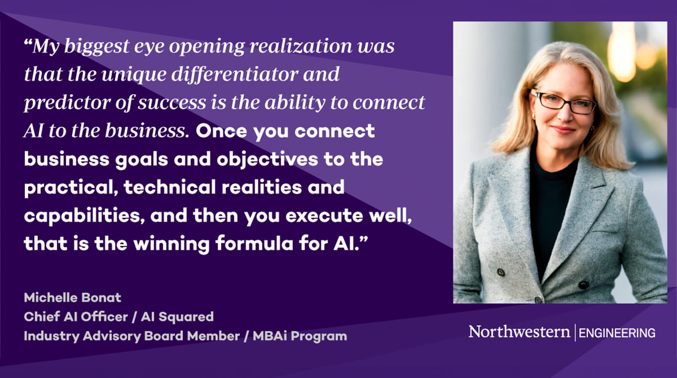 Headshot of Michelle Bonat next to a quote that reads: “My biggest eye opening realization was that the unique differentiator and predictor of success is the ability to connect AI to the business. Once you connect business goals and objectives to the practical, technical realities and capabilities, and then you execute well, that is the winning formula for AI.” Below the quote, her title is listed as Chief AI Officer at AI Squared and Industry Advisory Board Member for the MBAi Program. The background features purple geometric shapes and the Northwestern Engineering logo.