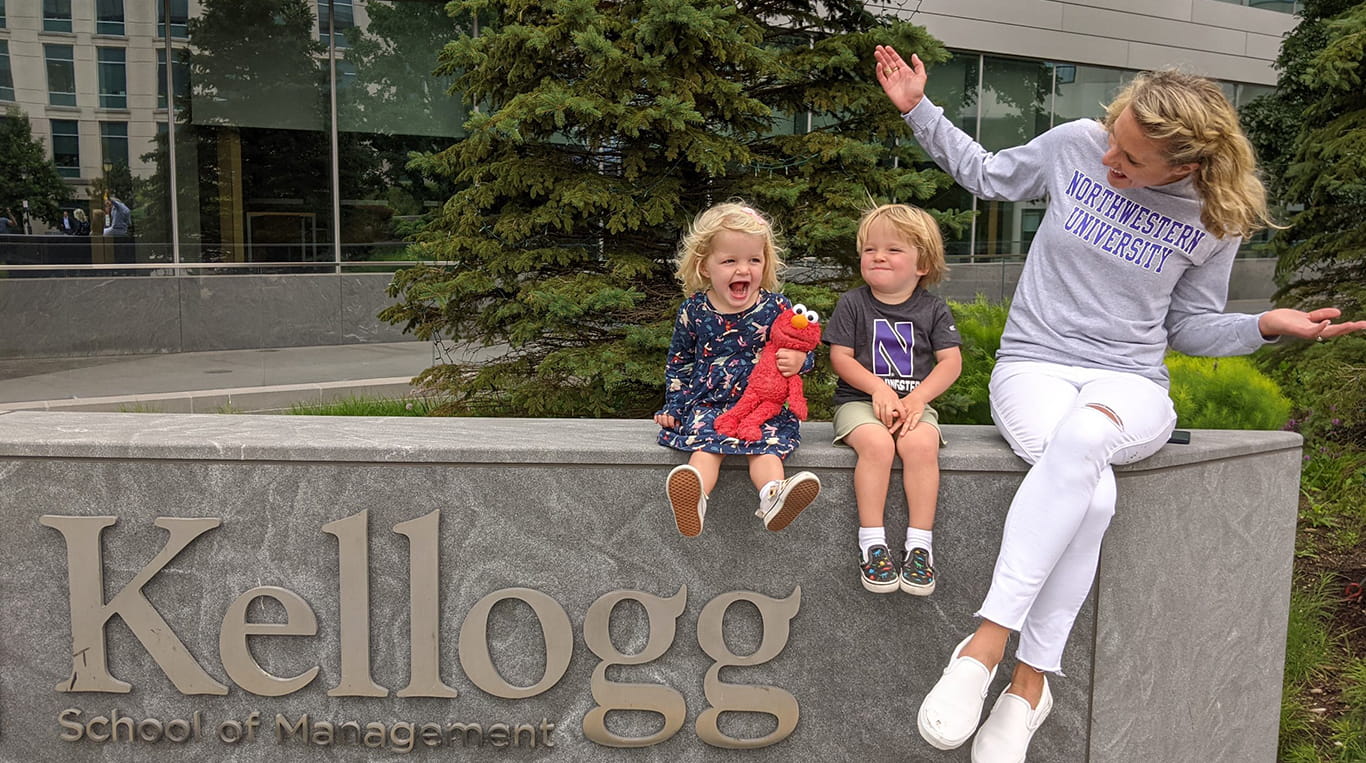 Laura Glaab with her twins at the Global Hub in Evanston.