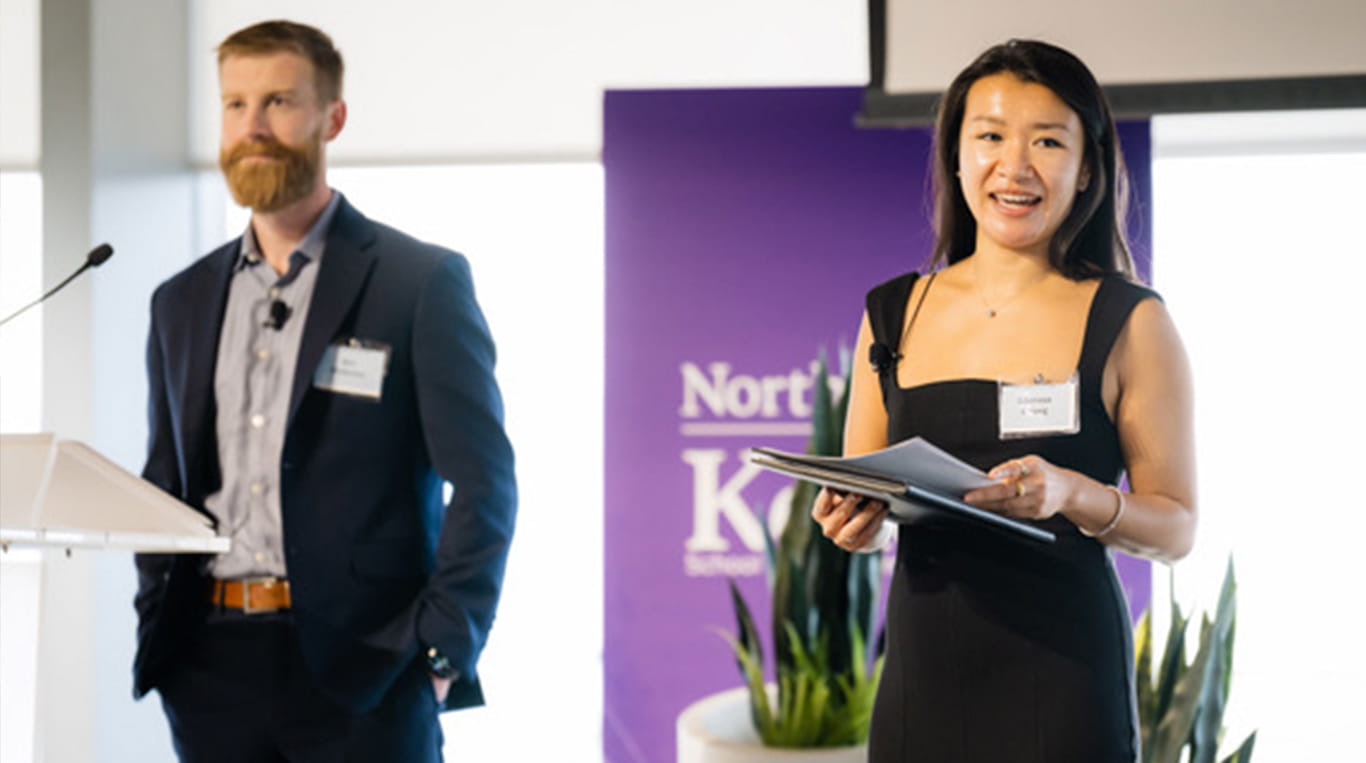 PE/VC conference co-chairs Ben Wideman ’25 JD-MBA (L) and Clarissa Cheng ’25 Two-Year MBA (R)