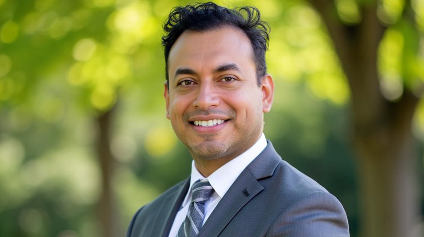 Kellogg grad Ben Muñoz smiles outside near a leafy backdrop, wearing a gray suit and striped tie