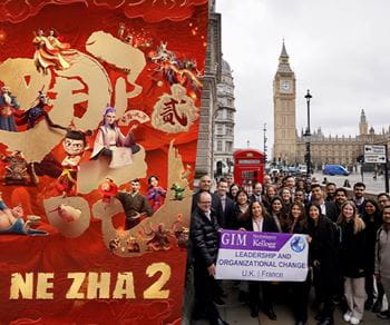 on the left is a poster for Ne Zha 2 and on the right are a group of Kellogg MBA students in London during an experiential trip