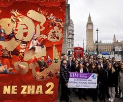 on the left is a poster for Ne Zha 2 and on the right are a group of Kellogg MBA students in London during an experiential trip