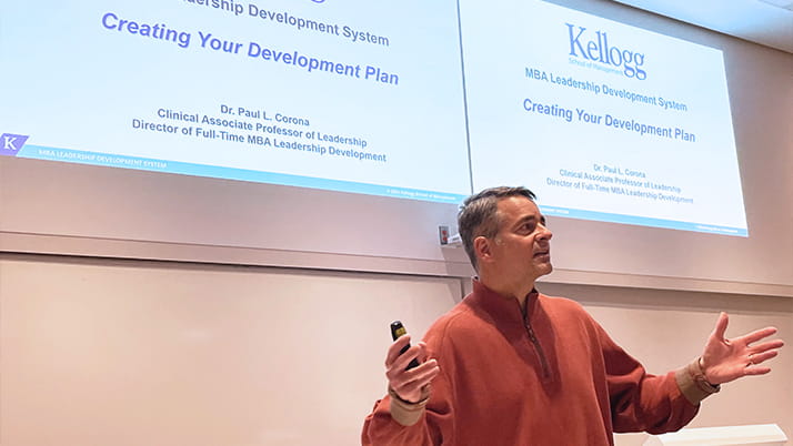 Professor Paul L. Corona teaches MBA students about building relationships and pursuing purpose.