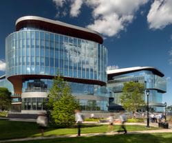 Exterior shot of the Global Hub in Evanston during a day filled with blue skies