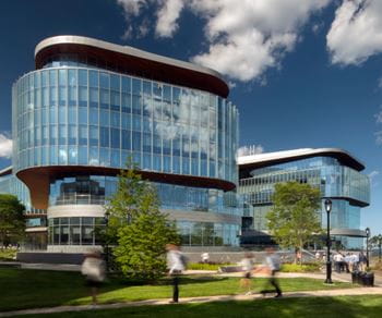 Exterior shot of the Global Hub in Evanston during a day filled with blue skies