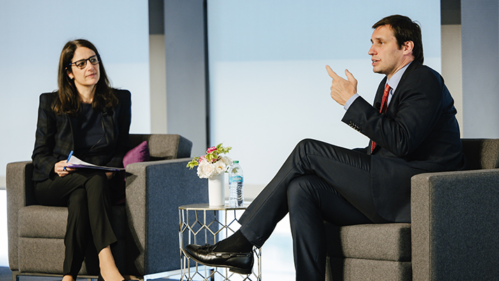 Professor Carola Frydman and Ed Brenninkmeyer particiapte in a fireside chat on the topic of family enterprises at the Ward Center re:connect conference.
