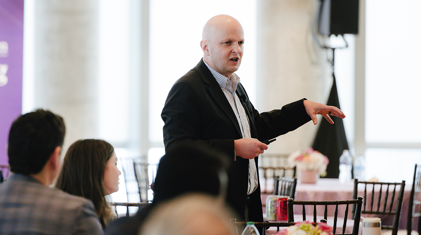 Professor Matt Allen speaks at the Ward Center for Family Enterprises re:connect conference at the Kellogg Global Hub.